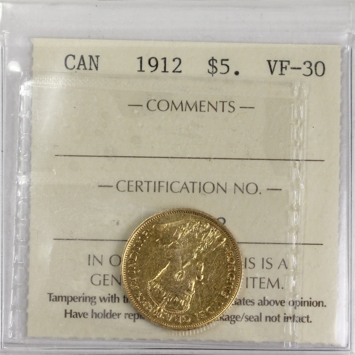 1912 Canada $5 Gold ICCS Certified VF-30