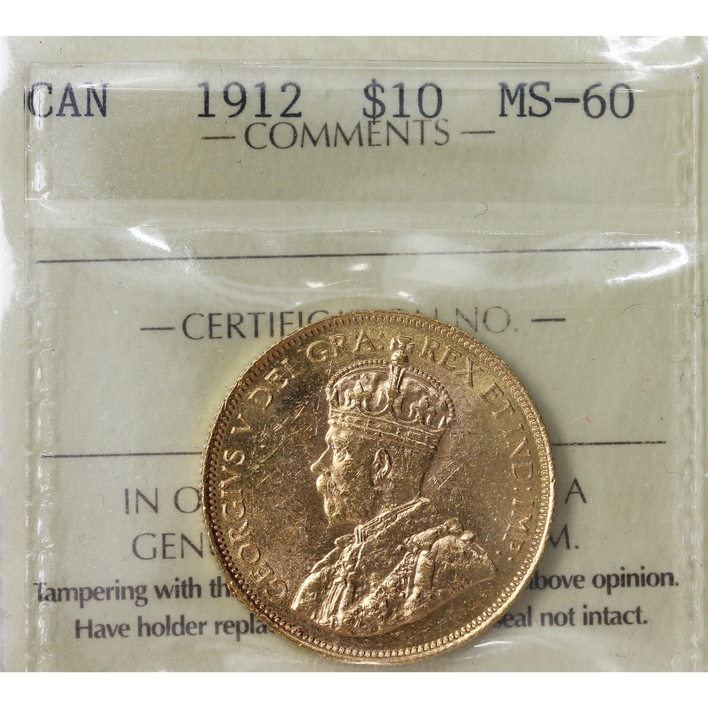 1912 Canada $10 Gold ICCS Certified MS-60