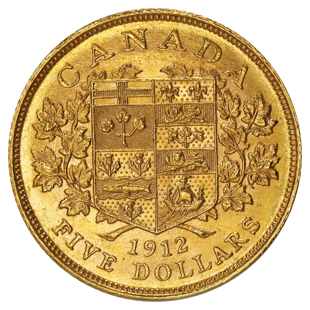 1912 Canada $5 Gold AU-UNC (AU-55) Cleaned