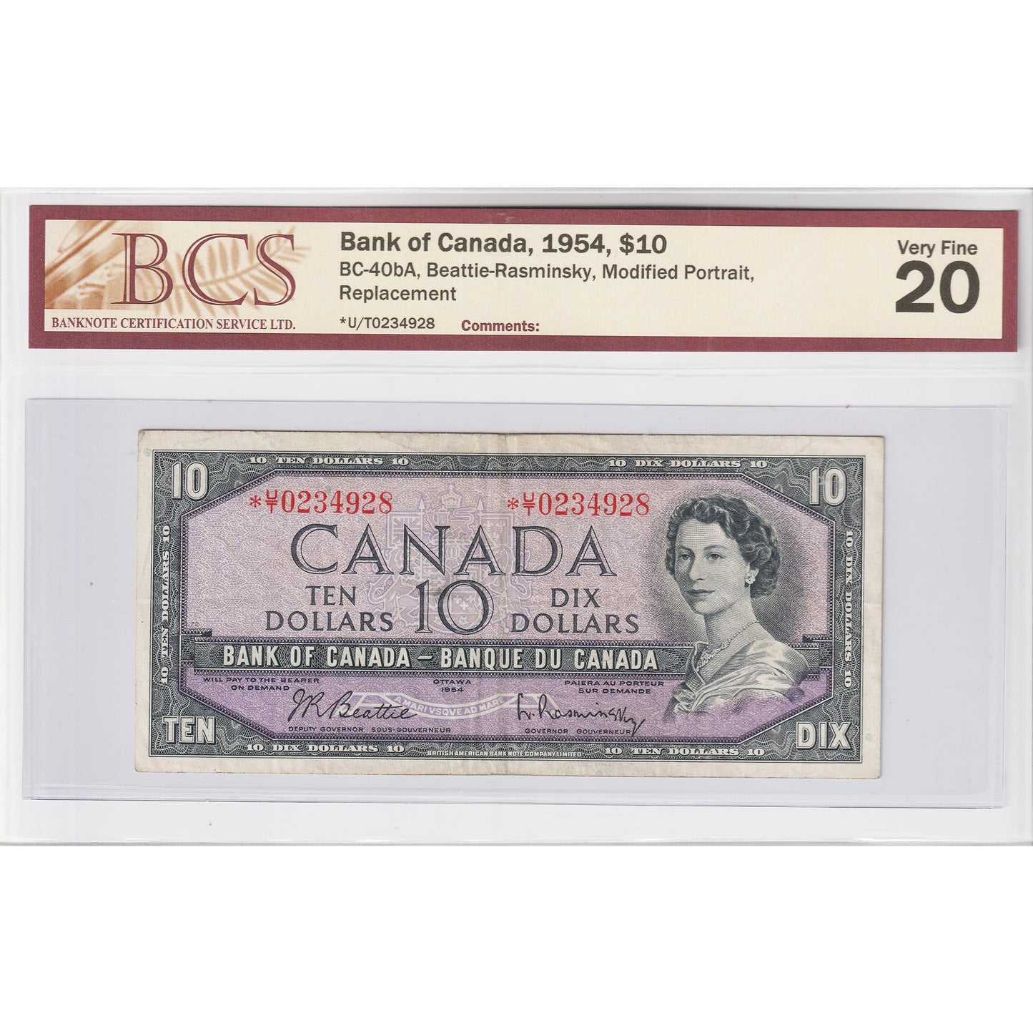 BC-40bA 1954 Canada $10 B-R, Modified Portrait, Replacement, *U/T BCS Certified VF-20