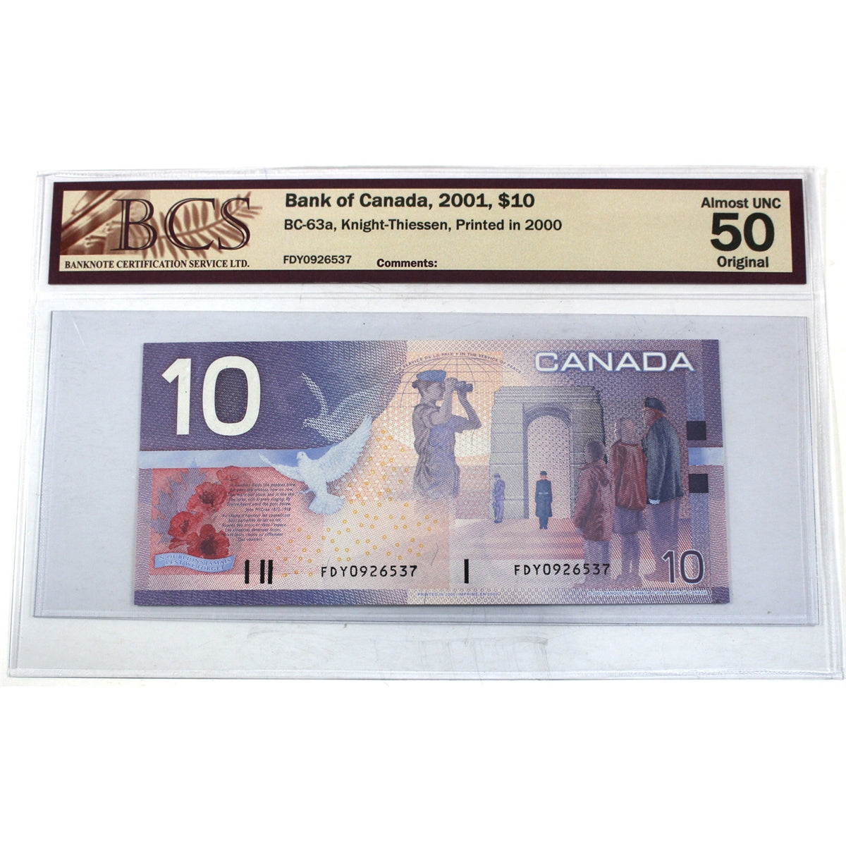 BC-63a 2001 Canada $10 Knight-Thiessen, Printed in 2000, FDY BCS Cert. AU-50 Orig.