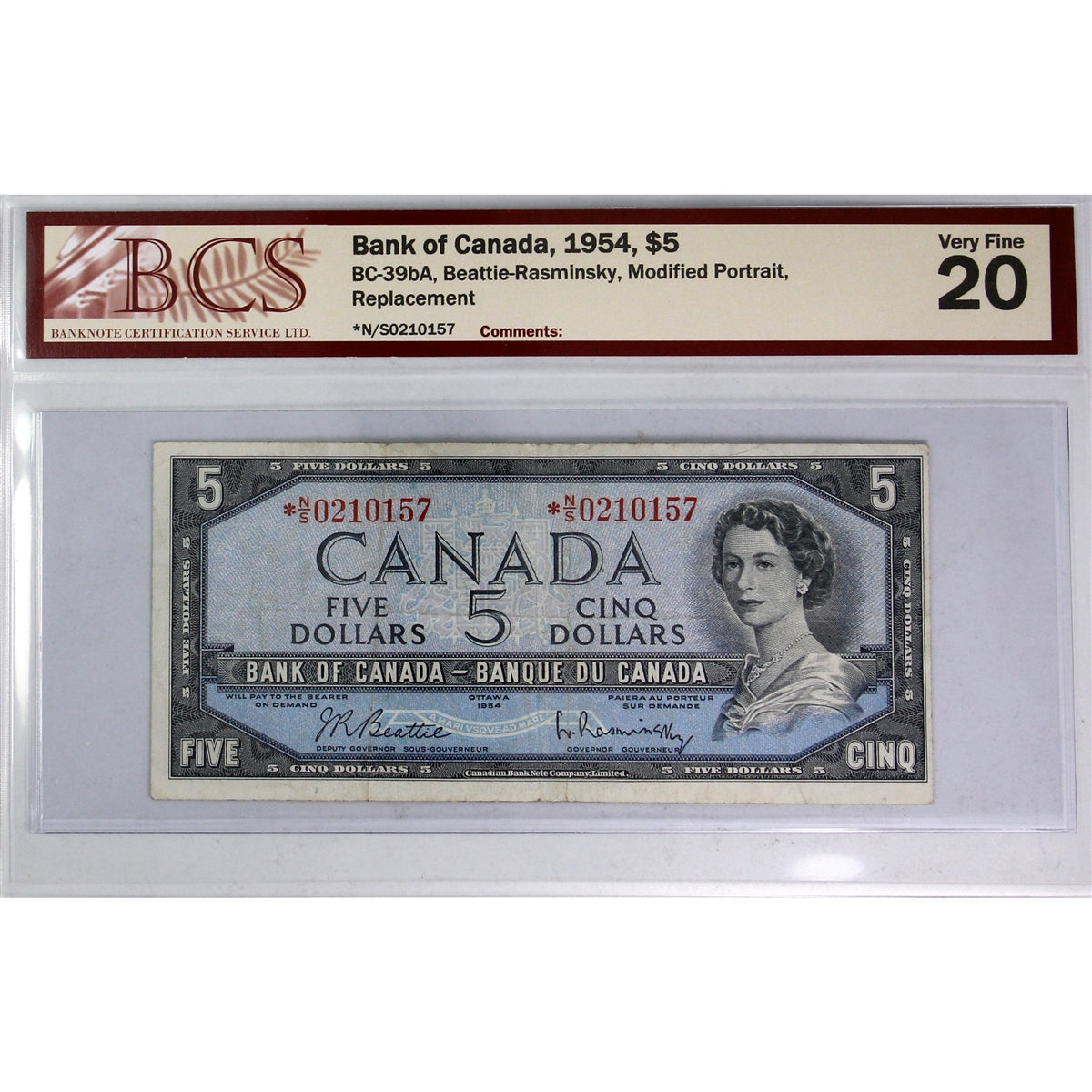 BC-39bA 1954 Canada $5 Beattie-Rasminsky, Replacement, *N/S BCS Certified VF-20