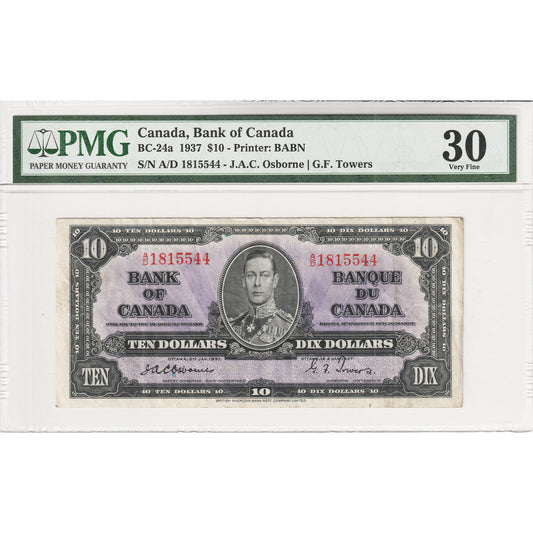 BC-24a 1937 Canada $10 Osborne-Towers, A/D PMG Certified VF-30