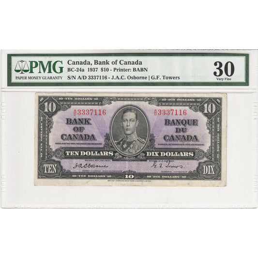 BC-24a 1937 Canada $10 Osborne-Towers, A/D PMG Certified VF-30