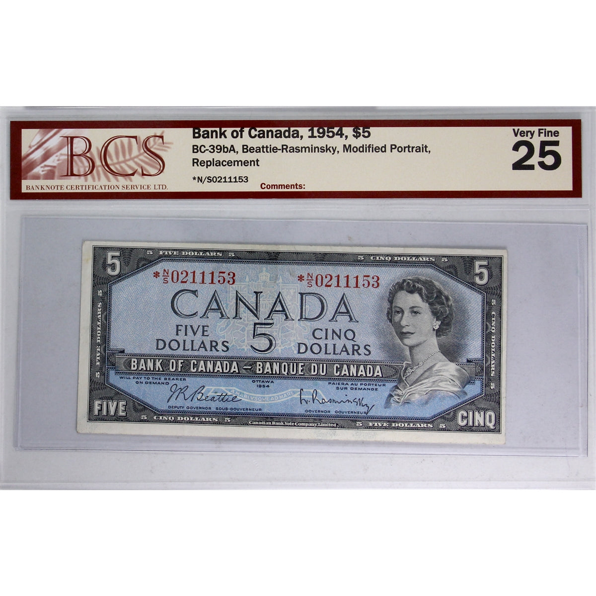 BC-39bA 1954 Canada $5 B-R, Modified Portrait, Replacement, *N/S BCS Certified VF-25