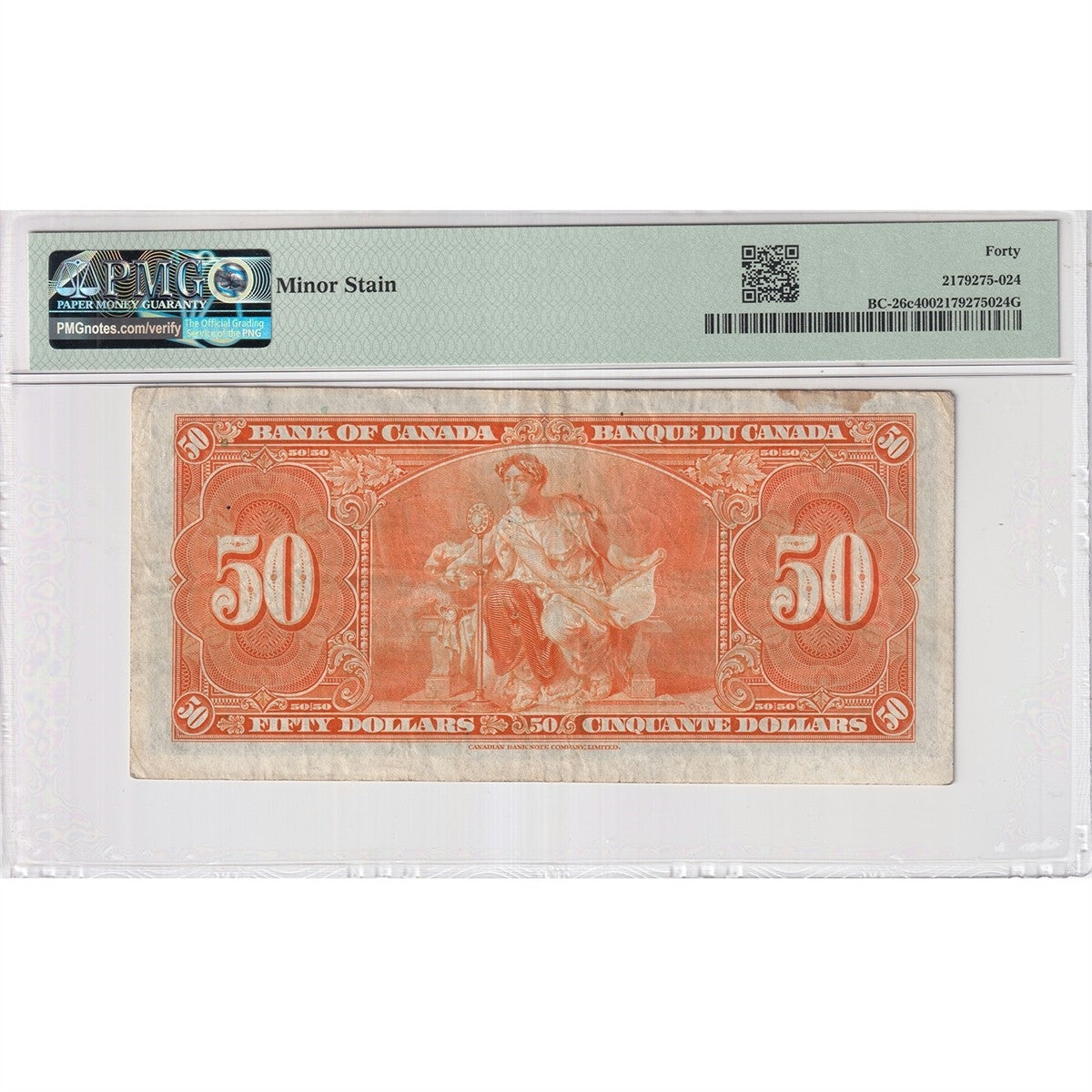 BC-26b 1937 Canada $50 Gordon-Towers, B/H PMG Certified EF-40 EPQ Minor Stain