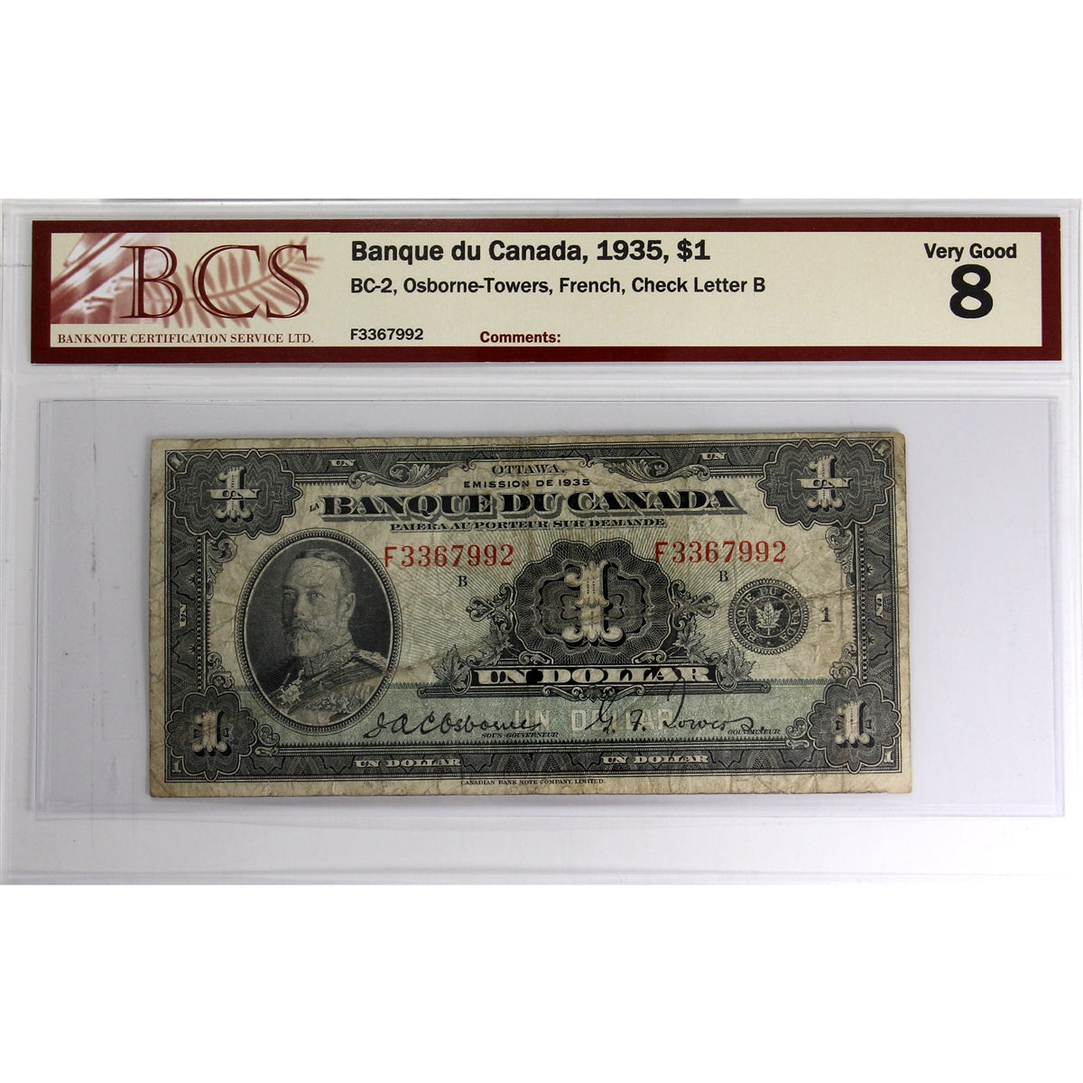 BC-2 1935 Canada $1 Osborne-Towers, French, Check Letter B BCS Certified VG-8