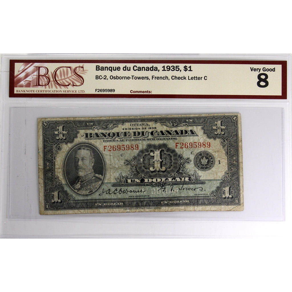 BC-2 1935 Canada $1 Osborne-Towers, French, Check Letter C BCS Certified VG-8