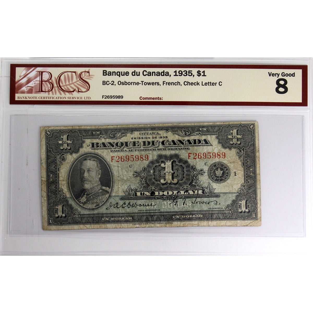 BC-2 1935 Canada $1 Osborne-Towers, French, Check Letter C BCS Certified VG-8