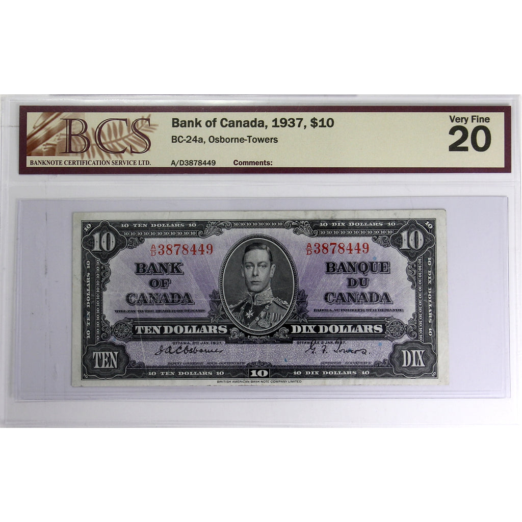 BC-24a 1937 Canada $10 Osborne-Towers, A/D BCS Certified VF-20