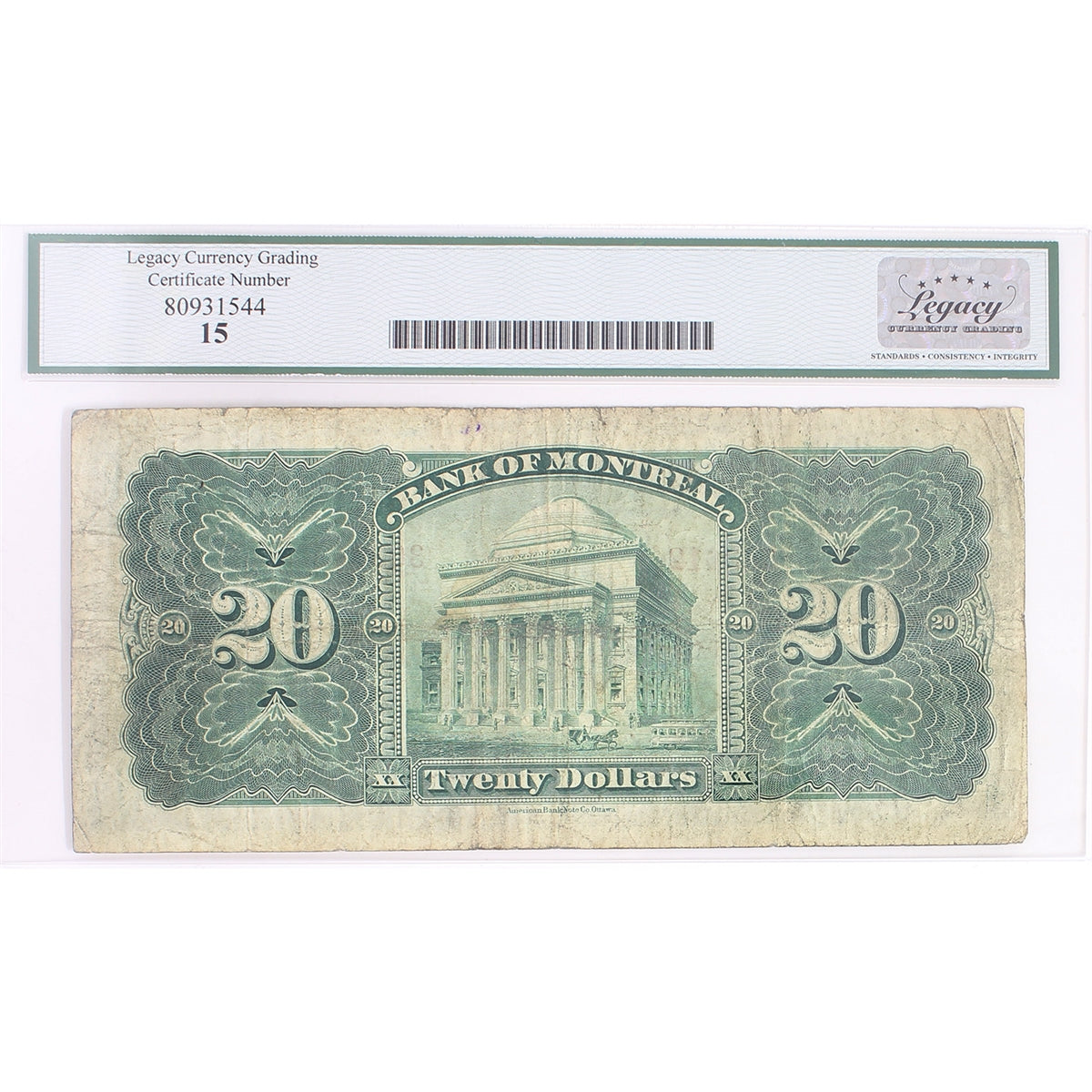 505-54-12 1914 Bank of Montreal $20 WT-M, Engraved Sign. at Left, Legacy Certified F-15