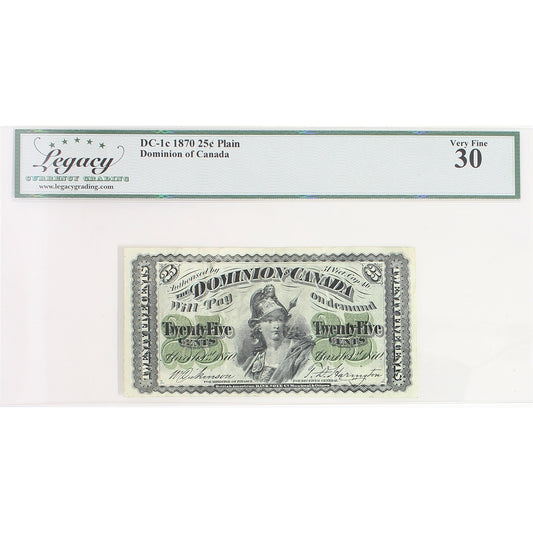 DC-1c 1870 Dominion 25-cent Shinplaster, D-H, Plain Series, Legacy Certified VF-30