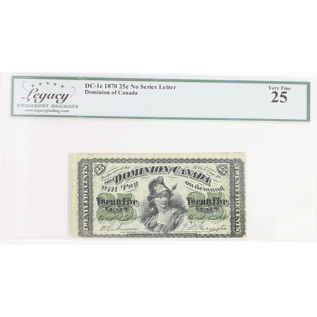 DC-1c 1870 Dominion 25-cent Shinplaster, D-H, Plain Series, Legacy Certified VF-25