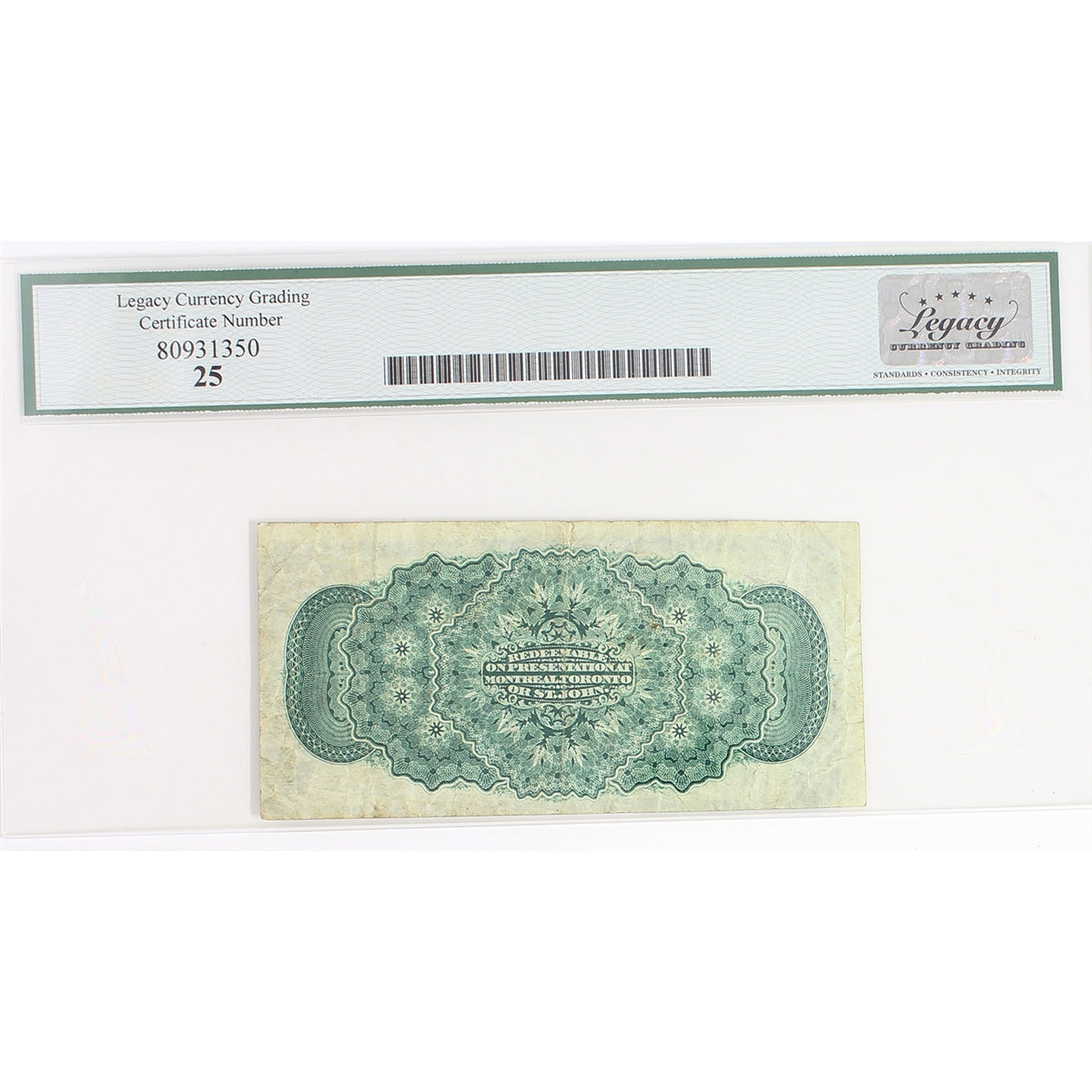 DC-1c 1870 Dominion 25-cent Shinplaster, D-H, Plain Series, Legacy Certified VF-25