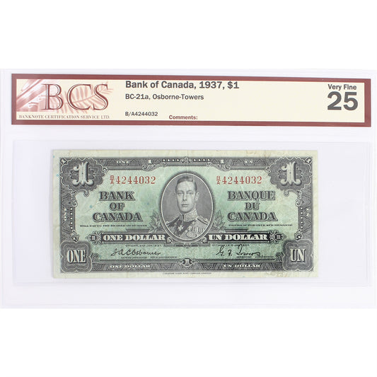 BC-21a 1937 Canada $1 Osborne-Towers, B/A, BCS Certified VF-25