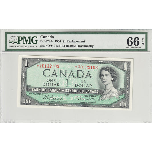 BC-37bA 1954 Canada $1 Beattie-Rasminsky, Replacement, *O/Y PMG Certified GUNC-66 EPQ