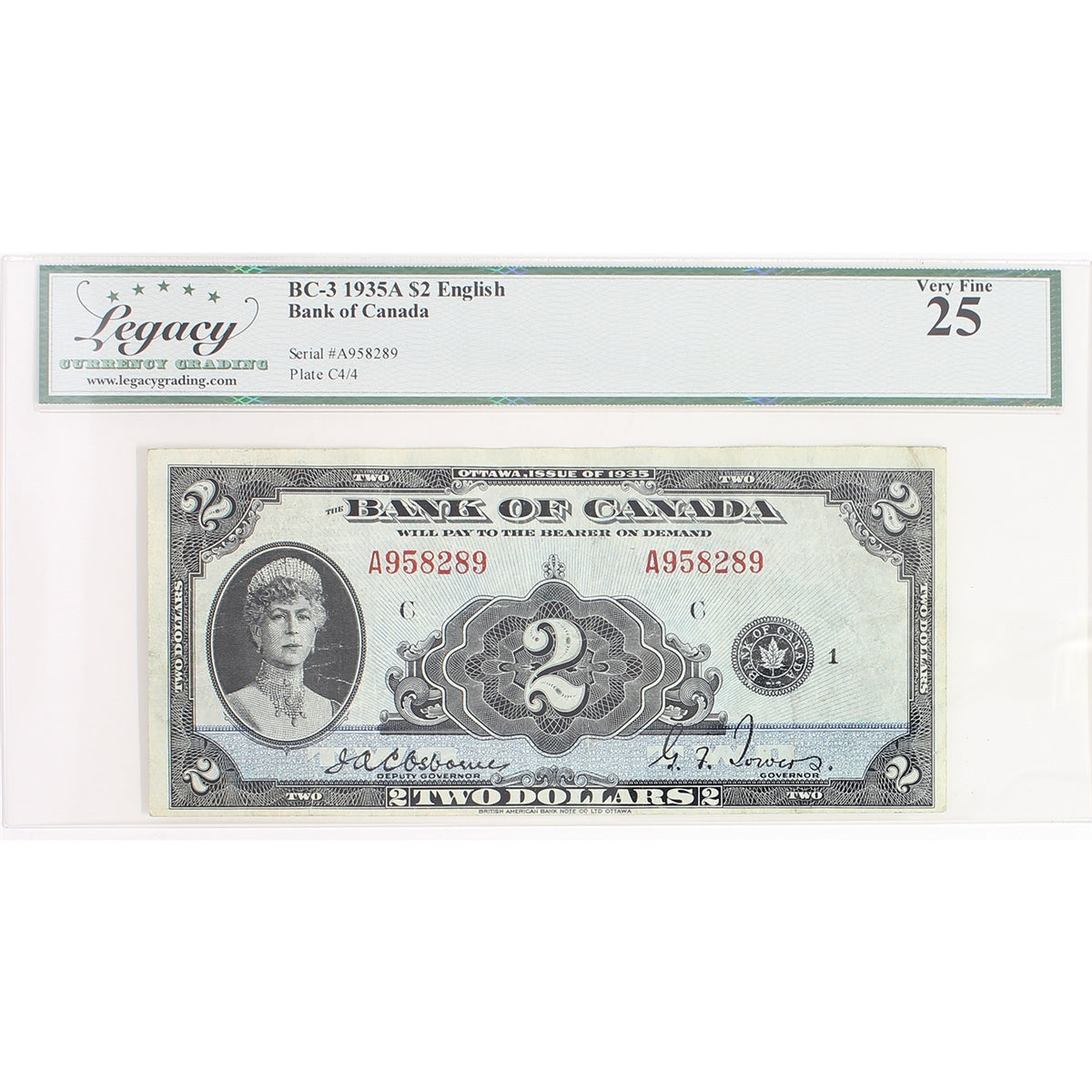 BC-3 1935 Canada $2 Osborne-Towers, English, Check Letter C, Legacy Certified VF-25