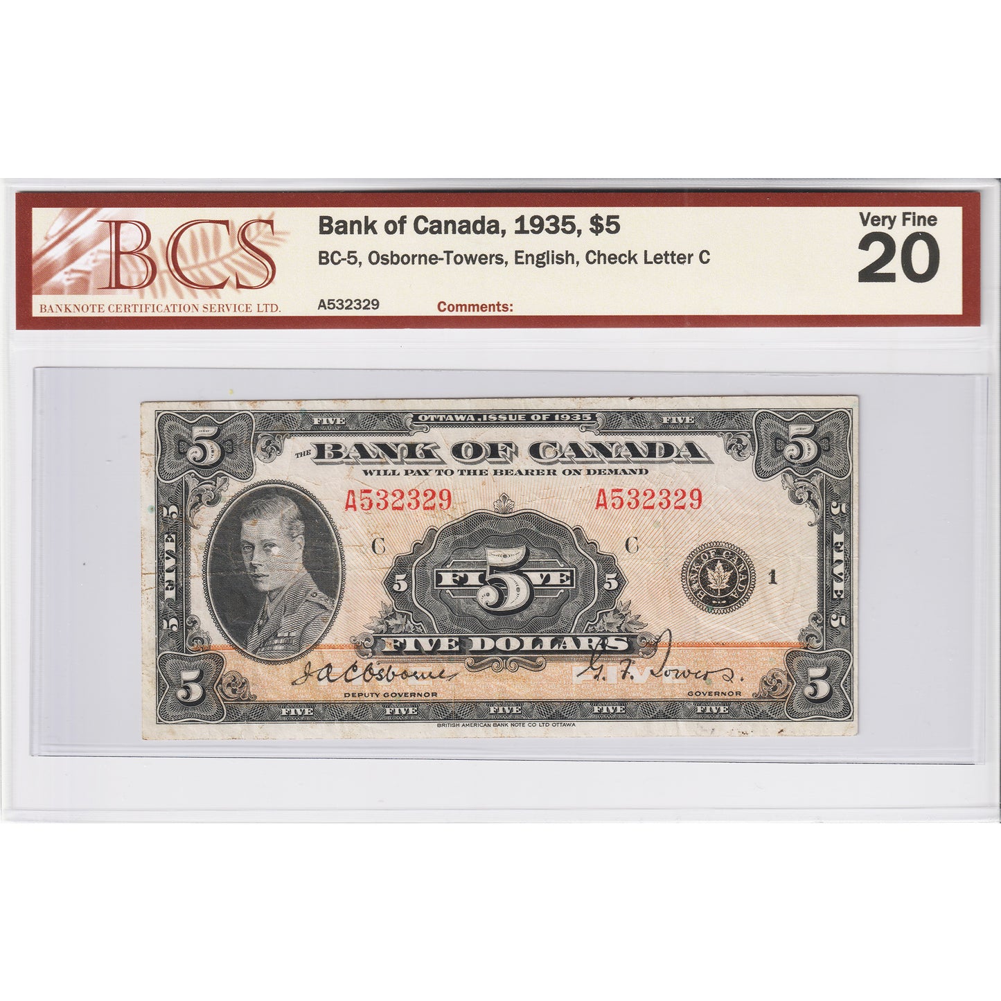 BC-5 1935 Canada $5 Osborne-Towers, English, Check Letter A BCS Certified VF-20