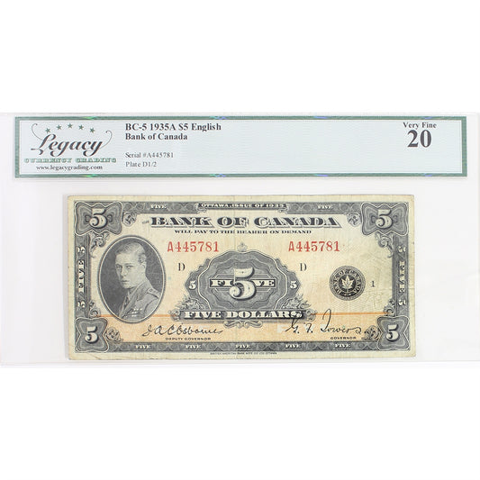 BC-5 1935 Canada $5 Osborne-Towers, English, Check Letter D, Legacy Certified VF-20