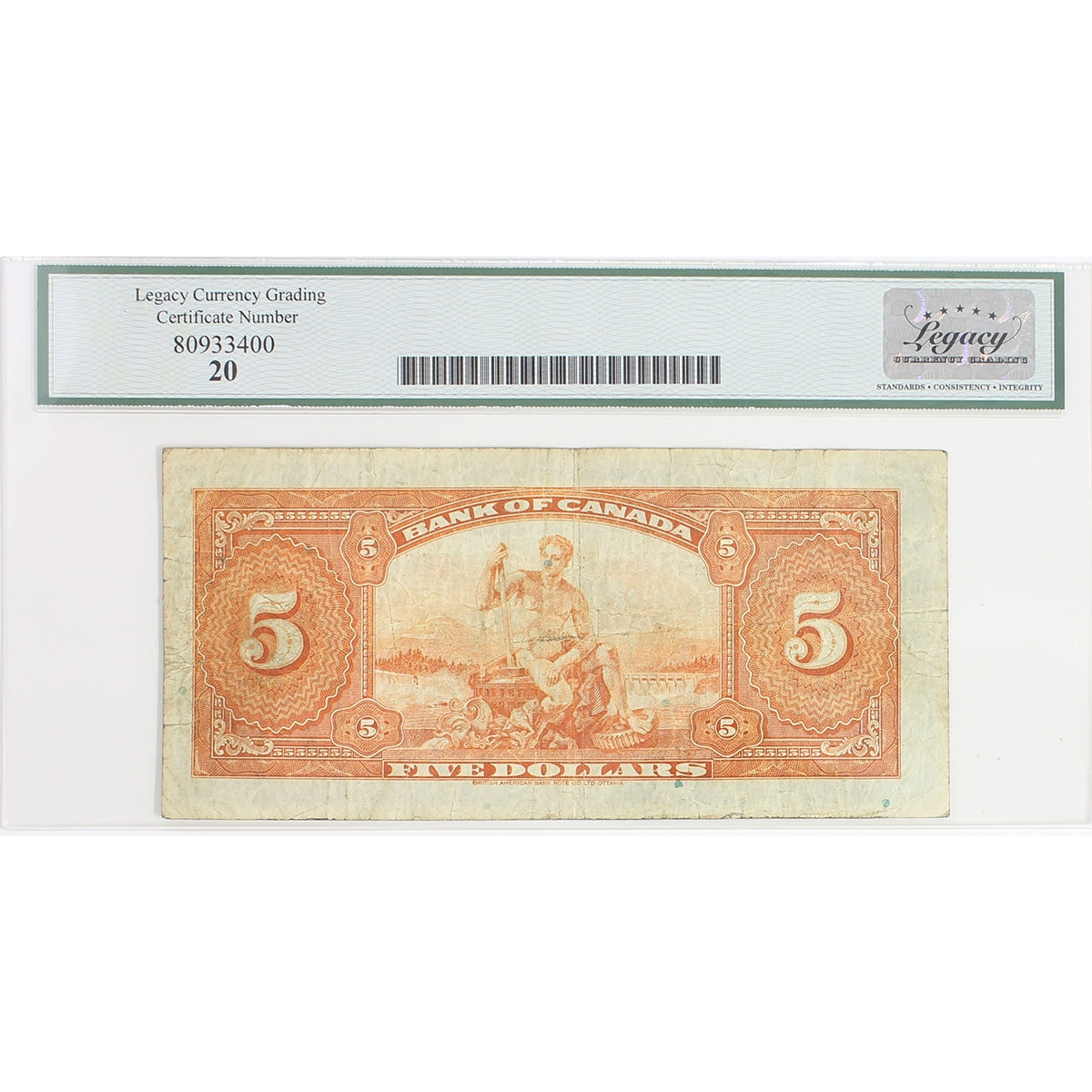 BC-5 1935 Canada $5 Osborne-Towers, English, Check Letter D, Legacy Certified VF-20