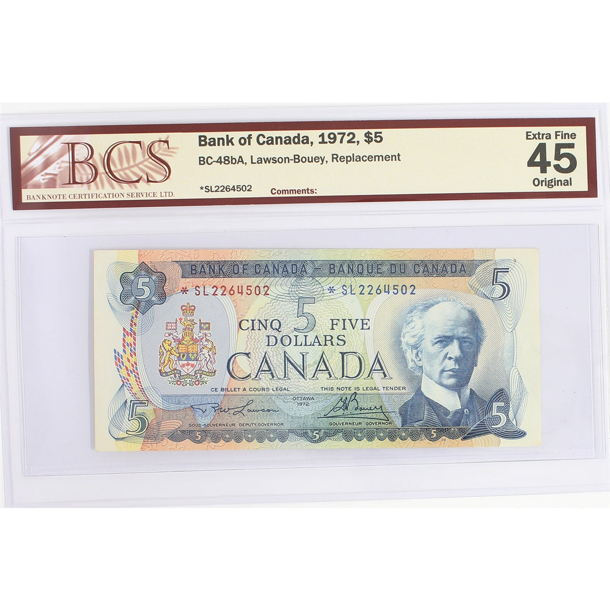 BC-48bA 1972 Canada $5 Lawson-Bouey, Replacement, *SL, BCS Certified EF-45 Original