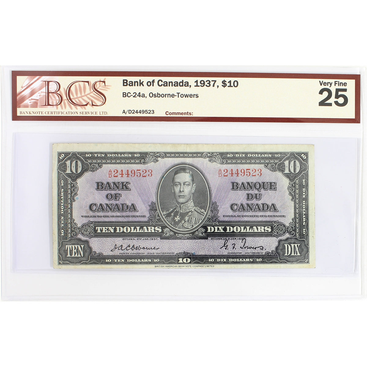 BC-24a 1937 Canada $10 Osborne-Towers, A/D, BCS Certified VF-25