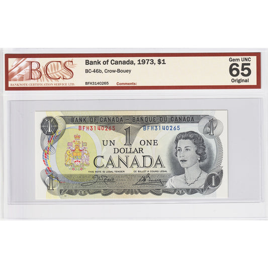 BC-46b 1973 Canada $1 Crow-Bouey, BFH BCS Certified GUNC-65 Original