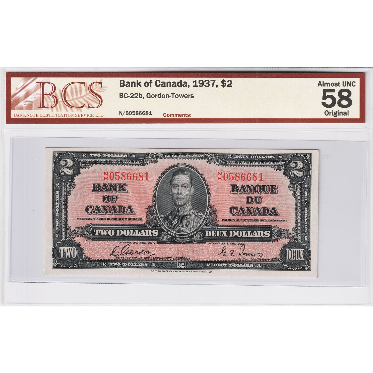 BC-22b 1937 Canada $2 Gordon-Towers, N/B BCS Certified AU-58 Original