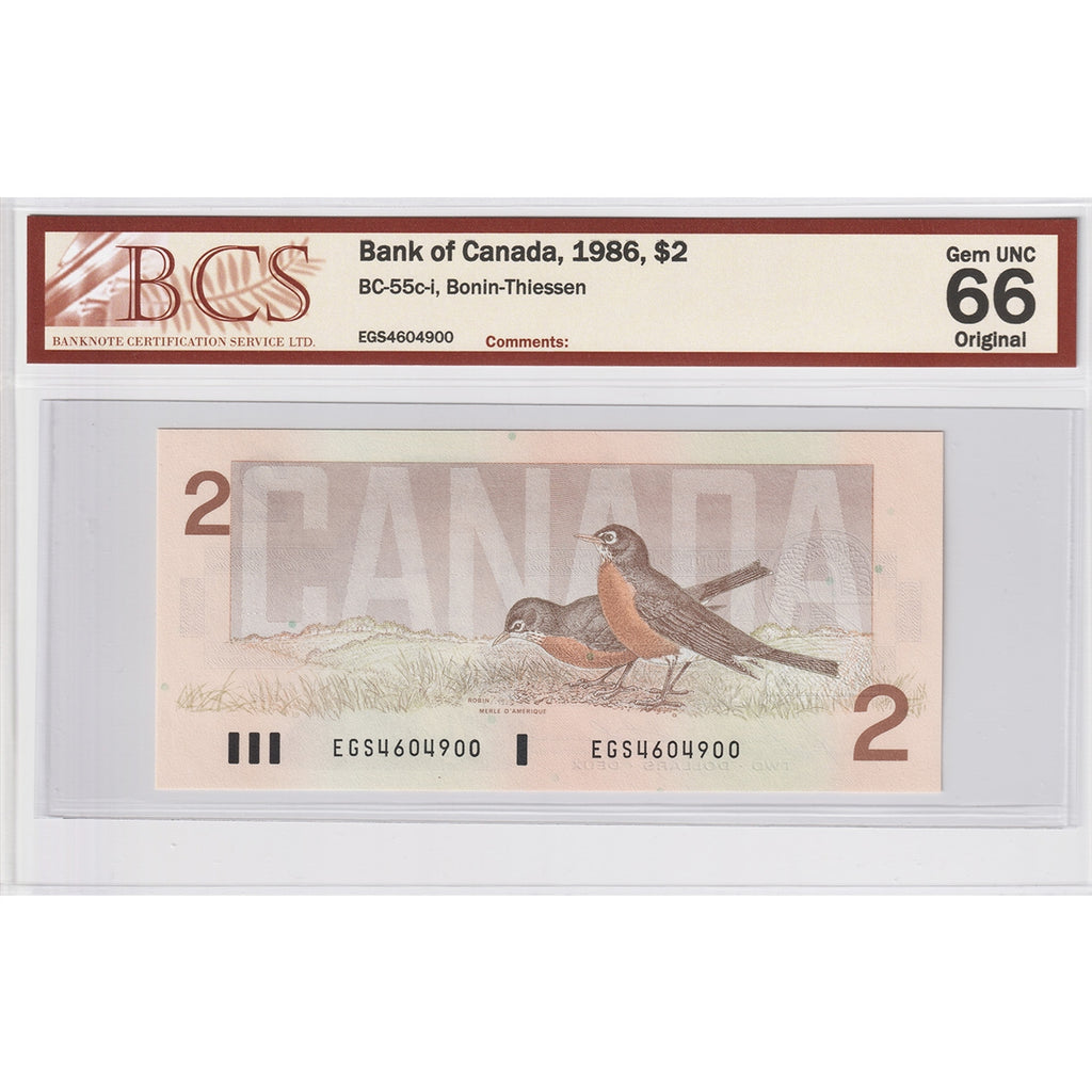 BC-55c-i 1986 Canada $2 Bonin-Thiessen, EGS BCS Certified GUNC-66 Original