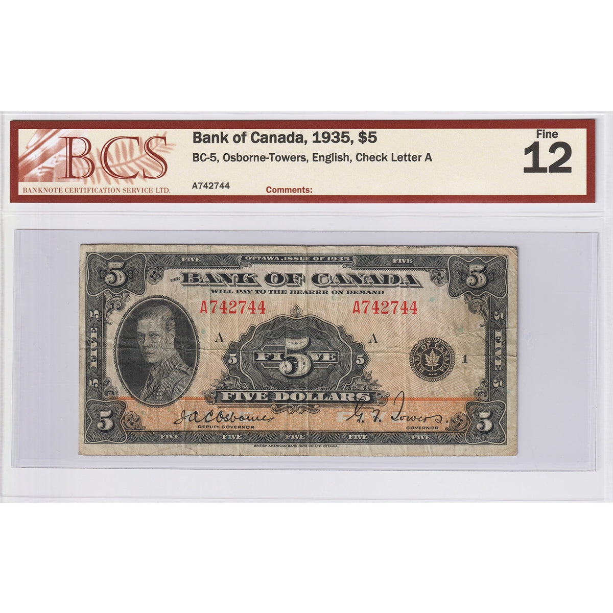 BC-5 1935 Canada $5 Osborne-Towers, English, Check Letter A BCS Certified F-12