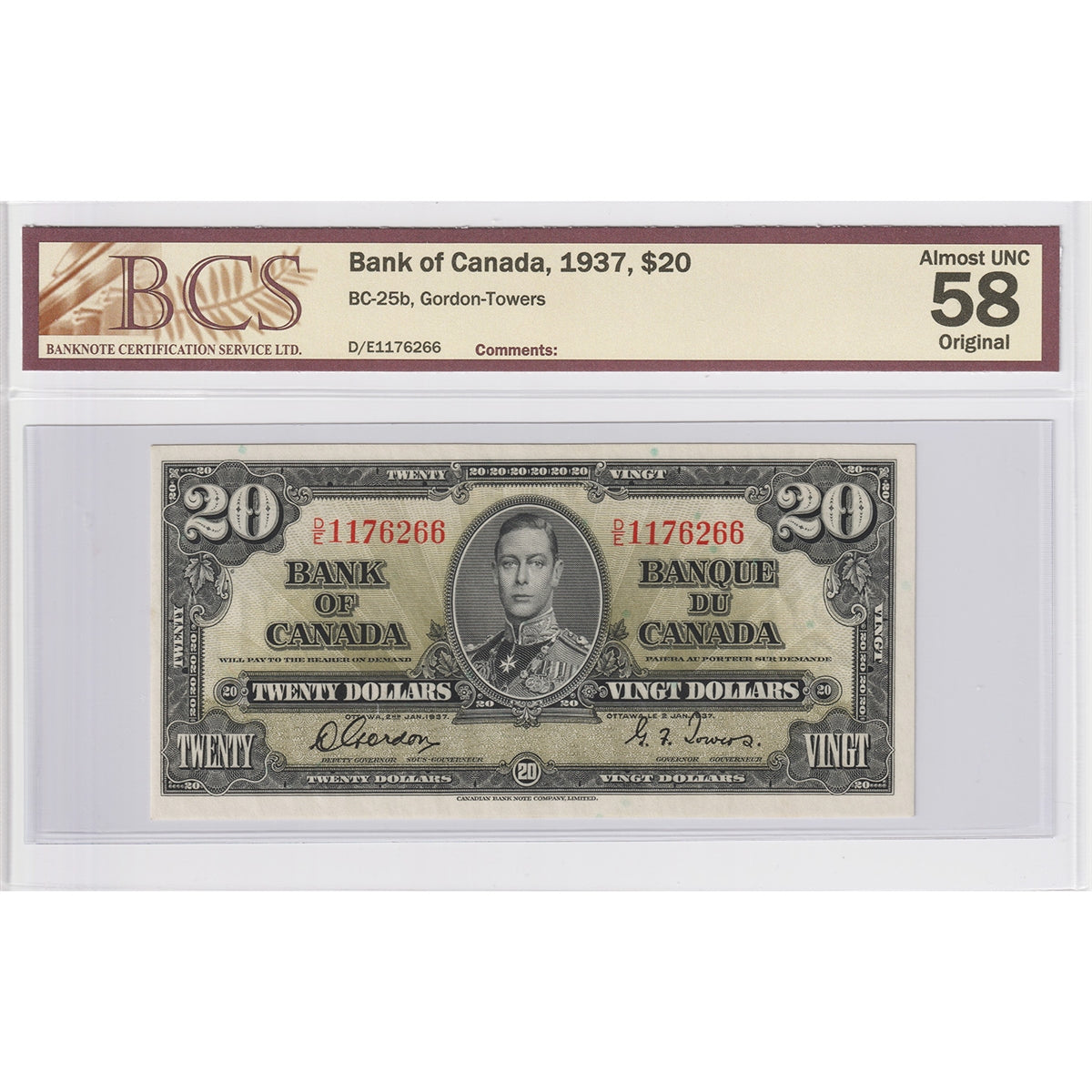 BC-25b 1937 Canada $20 Gordon-Towers, D/E BCS Certified AU-58 Original