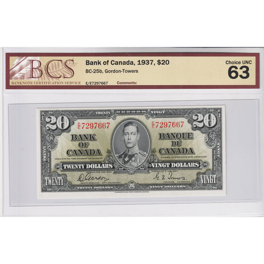 BC-25b 1937 Canada $20 Gordon-Towers, E/E BCS Certified CUNC-63