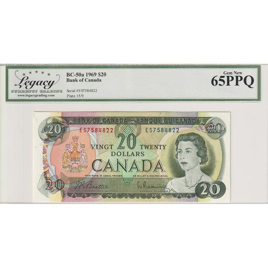 BC-50a 1969 Canada $20 Beattie-Rasminsky, ES Legacy Certified GUNC-65 PPQ