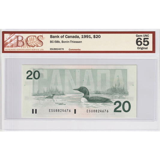 BC-58b 1991 Canada $20 Bonin-Thiessen, ESU BCS Certified CUNC-65 Original