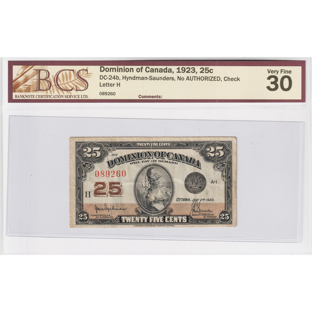 DC-24b 1923 Dominion 25-cent Shinplaster H-S, No AUTHORIZED, Check H BCS Certified VF-30