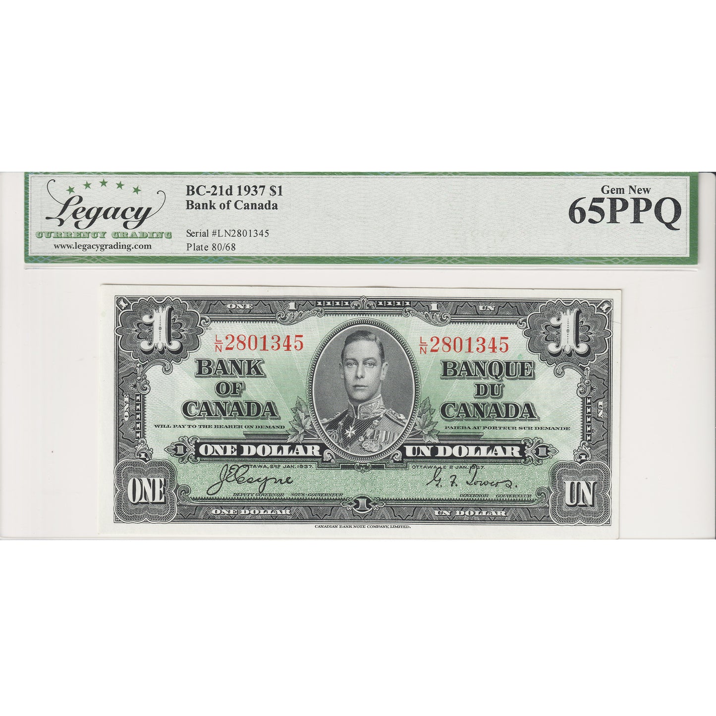 BC-21d 1937 Canada $1 Coyne-Towers, L/N, Legacy Certified GUNC-65 PPQ