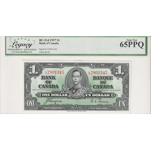 BC-21d 1937 Canada $1 Coyne-Towers, L/N, Legacy Certified GUNC-65 PPQ