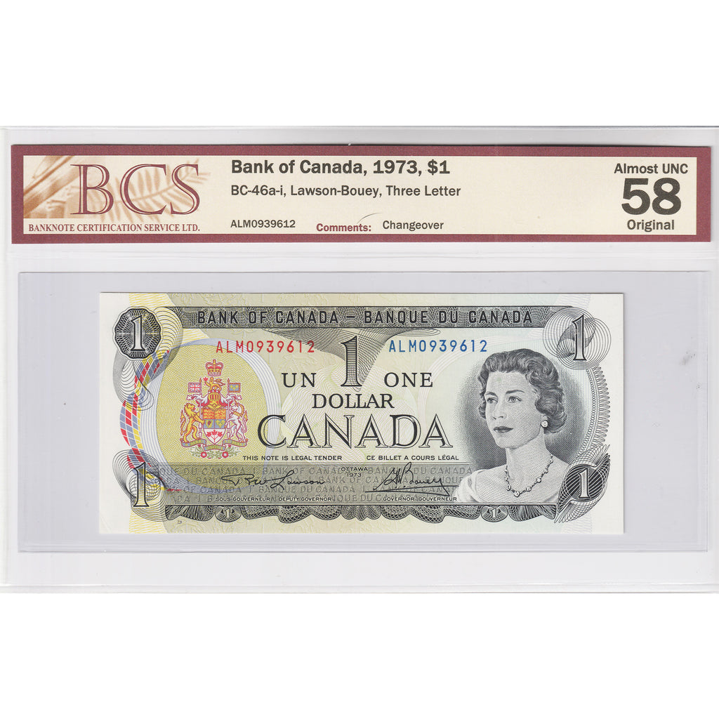 BC-46a-i 1973 Canada $1 L-B, 3 Letter, Changeover, ALM BCS Certified AU-58 Original