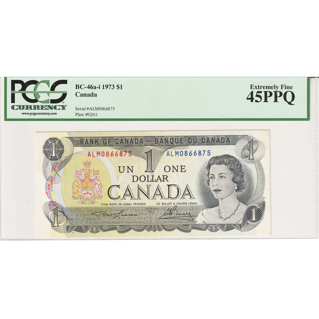 BC-46a-i 1973 Canada $1 Lawson-Bouey, Three Letter, ALM PCGS Certified EF-45 PPQ