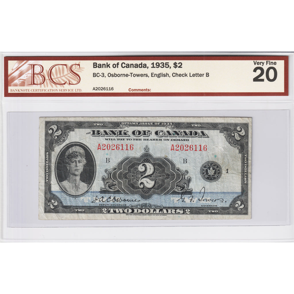 BC-3 1935 Canada $2 Osborne-Towers, English, Check Letter B BCS Certified VF-20