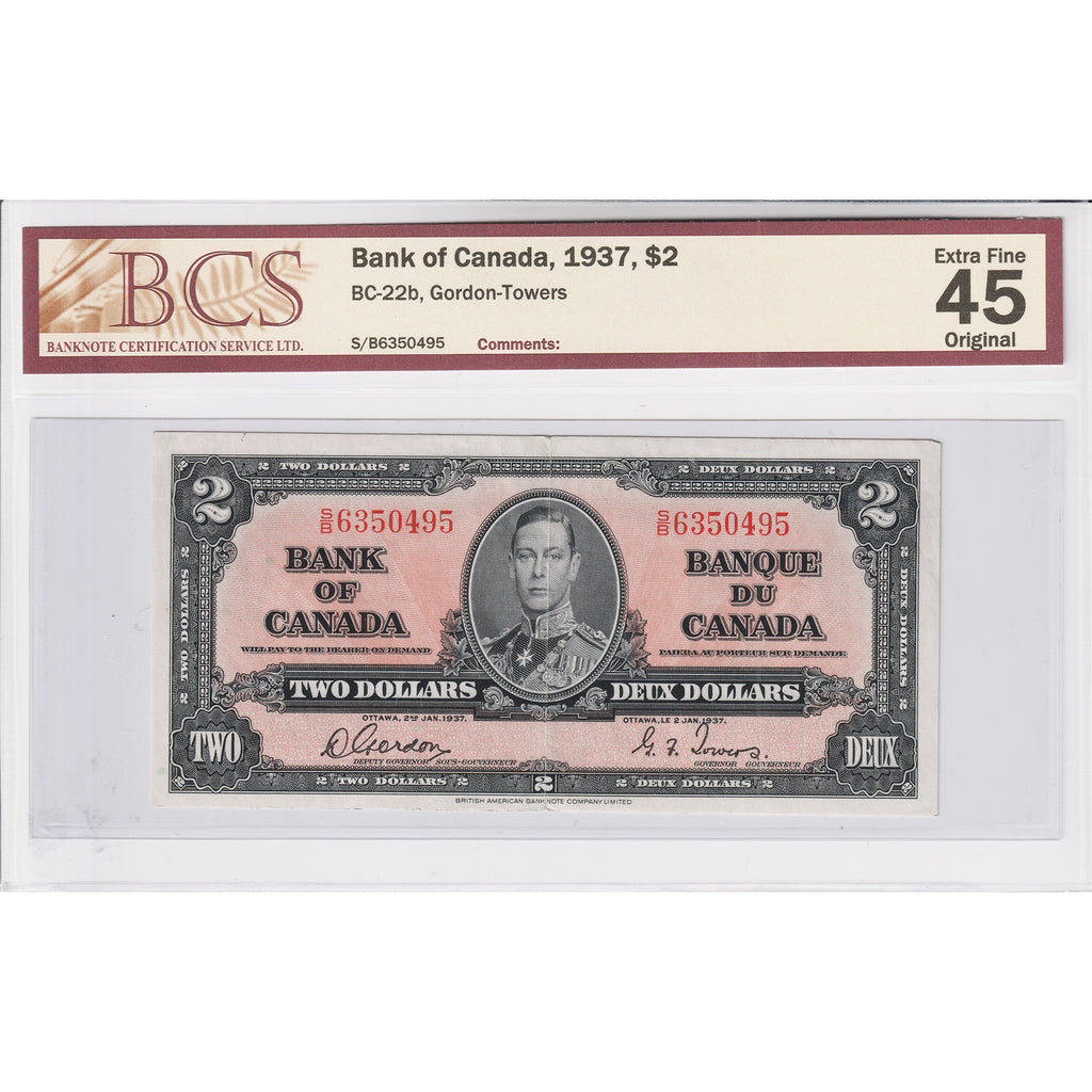 BC-22b 1937 Canada $2 Gordon-Towers, S/B BCS Certified EF-45 Original