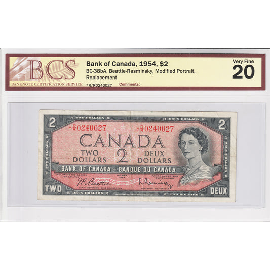 BC-38bA 1954 Canada $2 Beattie-Rasminsky, Modified, Replacement, *R/R BCS Cert. VF-20