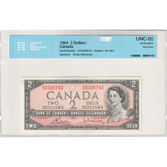 BC-38cT 1954 Canada $2 Bouey-Rasminsky, Test Note, S/R CCCS Certified UNC-60