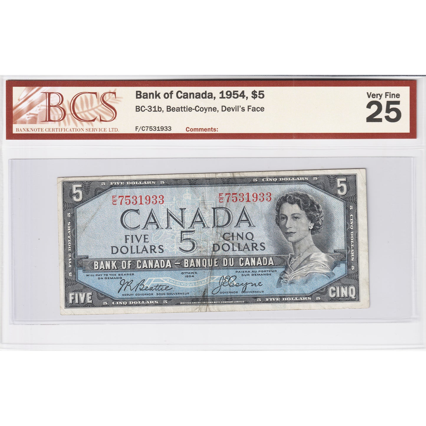 BC-31b 1954 Canada $5 Beattie-Coyne, Devil's Face, F/C BCS Certified VF-25