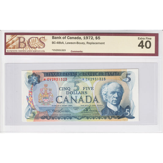 BC-48bA 1972 Canada $5 Lawson-Bouey, Replacement, *CV BCS Certified EF-40