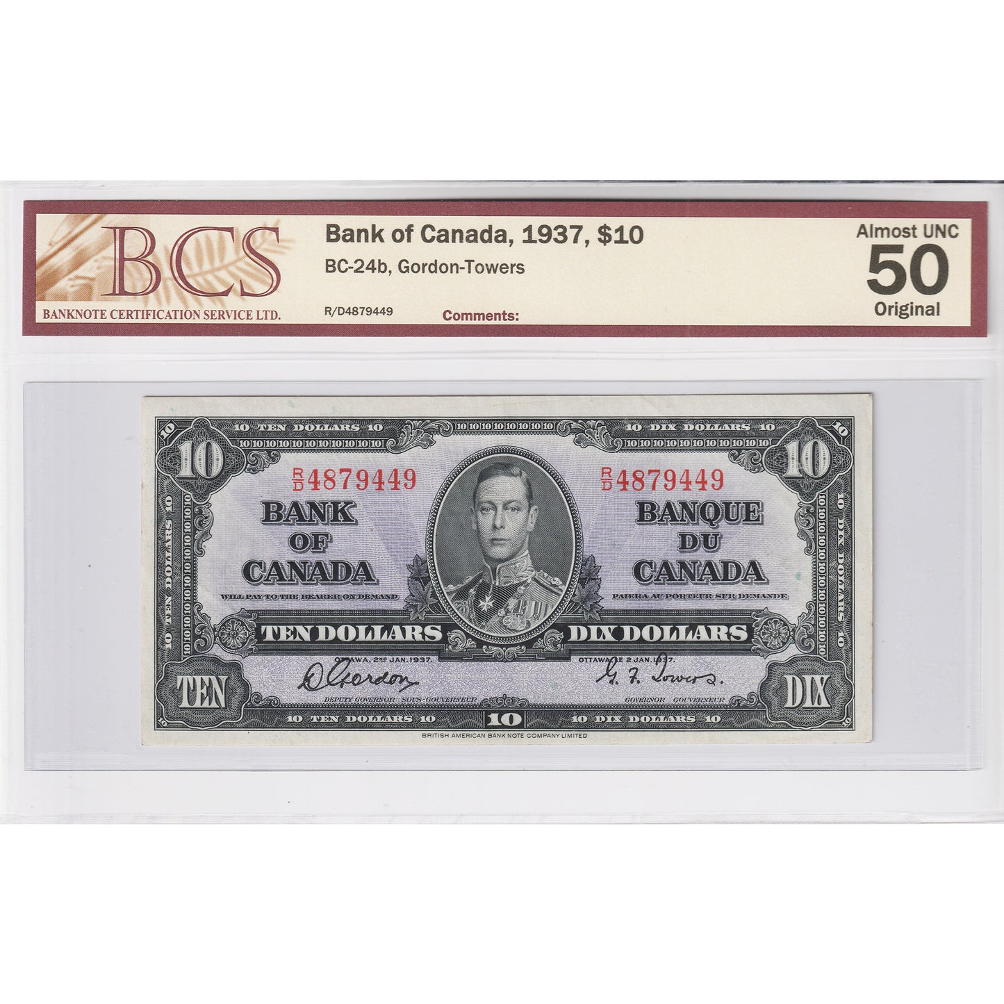 BC-24b 1937 Canada $10 Gordon-Towers, R/D BCS Certified AU-50 Original