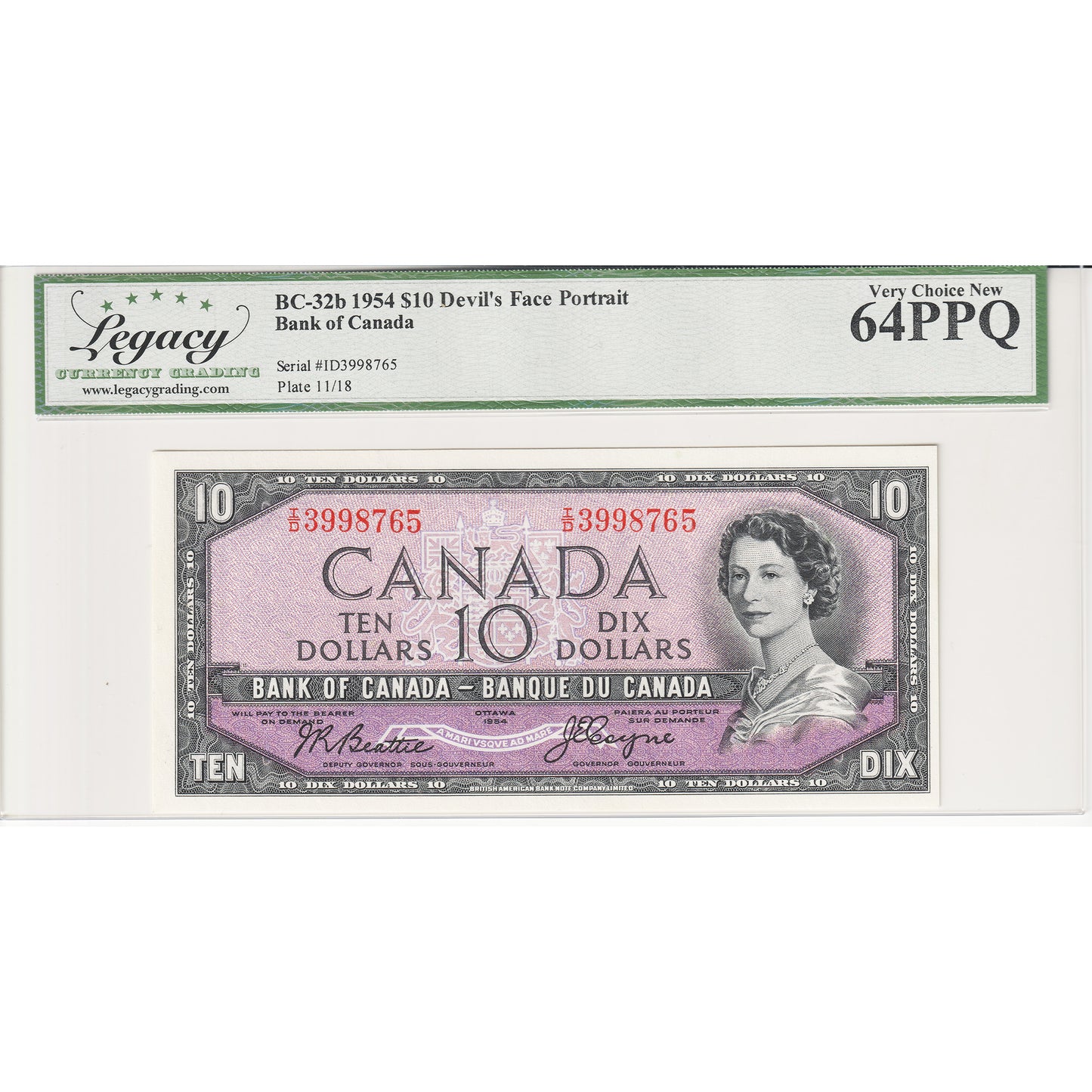 BC-32b 1954 Canada $10 Beattie-Coyne, I/D Legacy Certified CUNC-64 PPQ