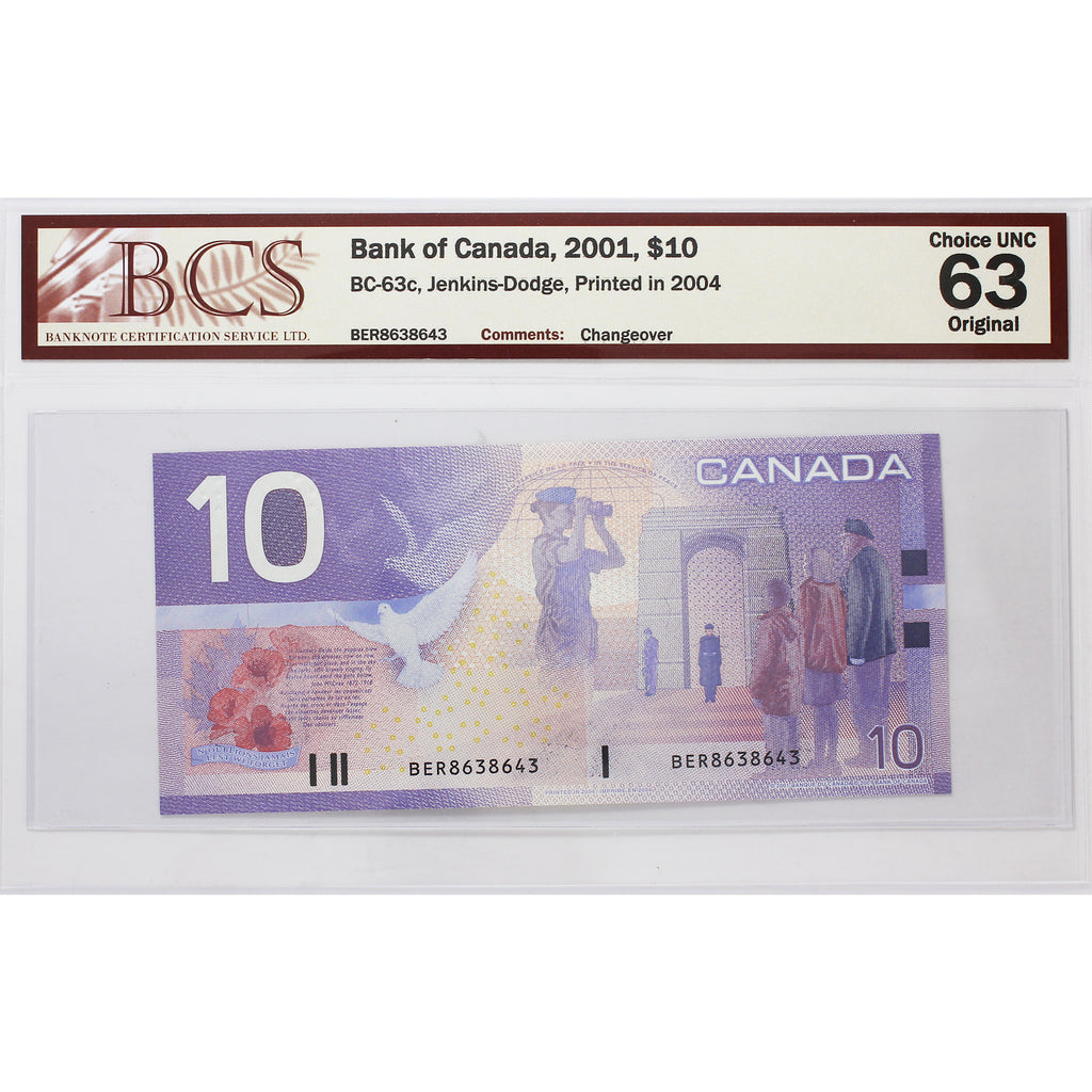 BC-63c 2001 Canada $10 Knight-Dodge, 2004, Changeover, BER BCS Certified CUNC-63 Orig.