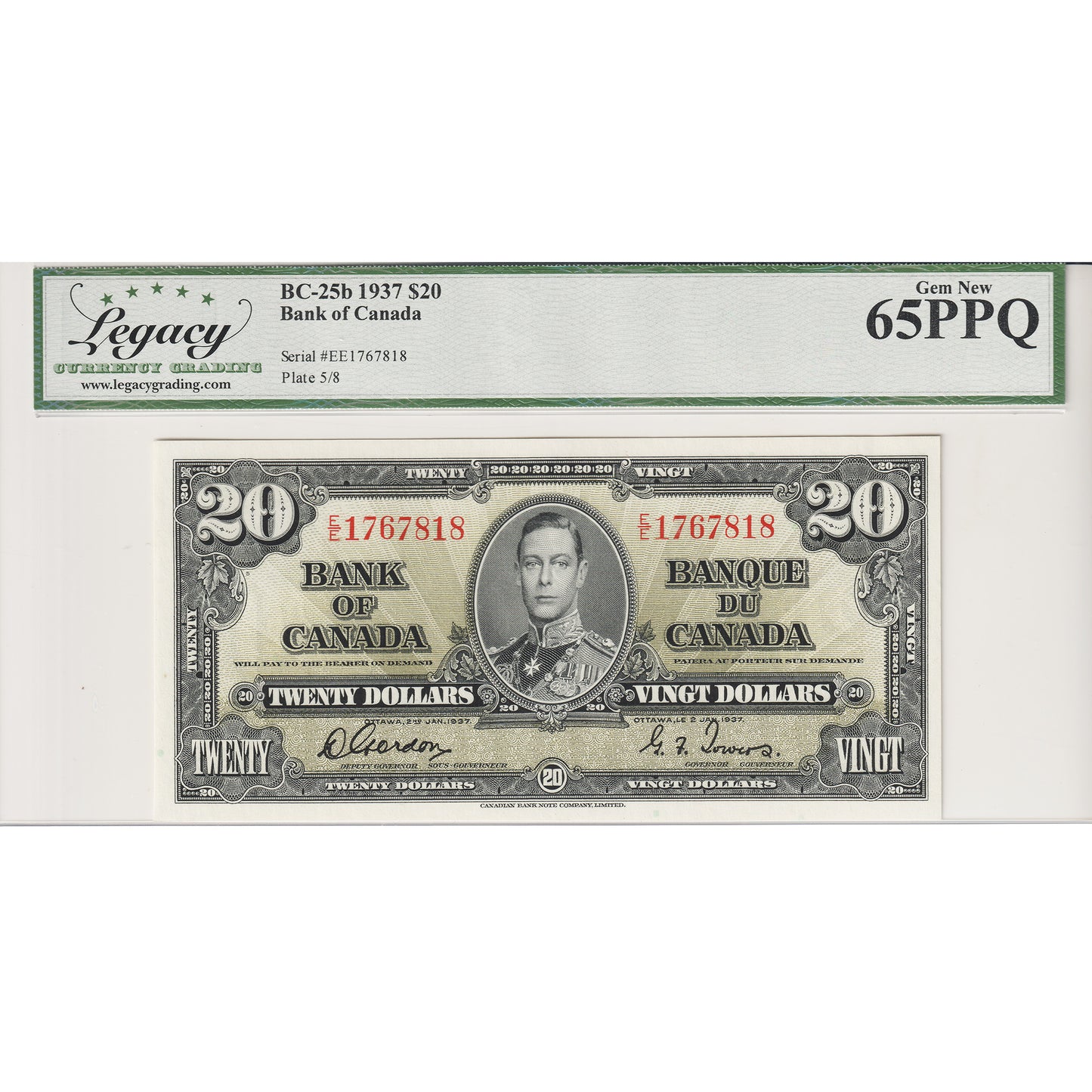 BC-25b 1937 Canada $20 Gordon-Towers, E/E Legacy Certified GUNC-65 PPQ