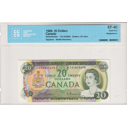 BC-50aA 1969 Canada $20 Beattie-Rasminsky, Replacement, *EA CCCS Certified EF-40